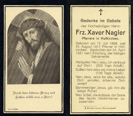 Sterbebild Pfarrer Xaver Nagler