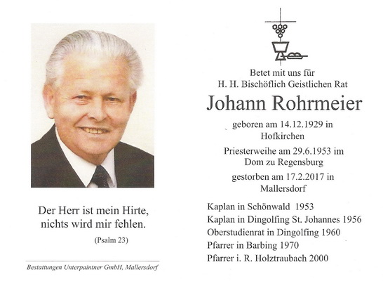 Sterbebild von BGR Johann Rohrmeier